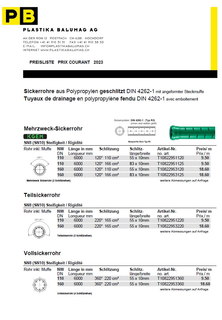 Preisliste KG2000 Sickerrohre von Plastika Balumag